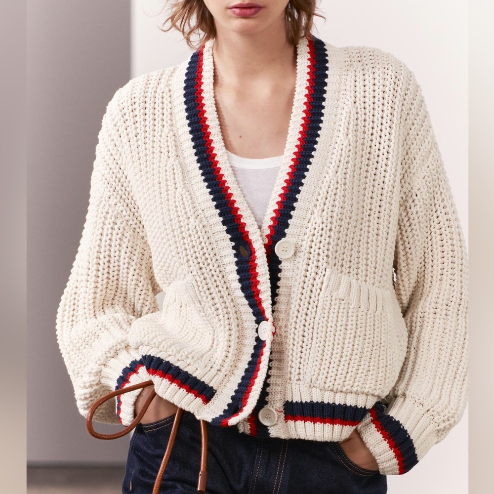 Zara Varsity Collegiate Chunky Loop Knit Cream Cardigan Sweater